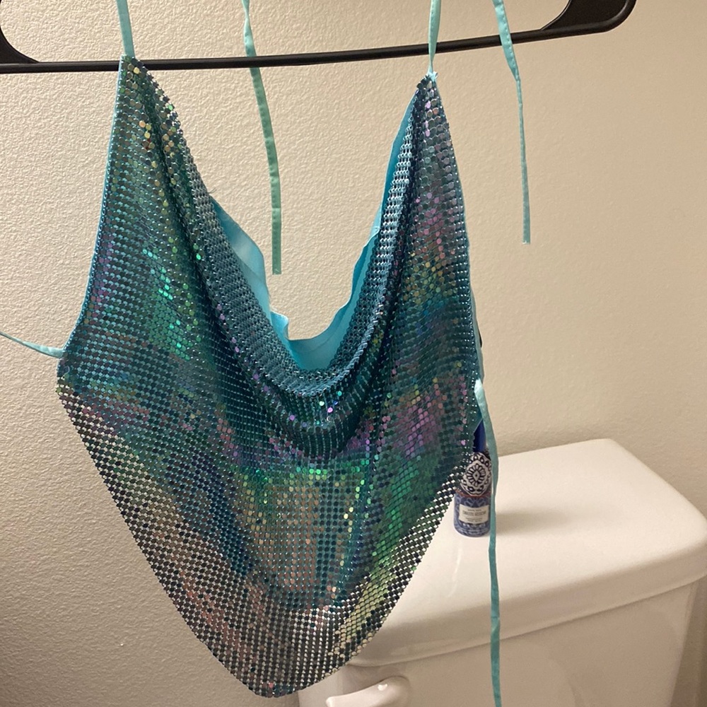 Blue cowl neck sparkly top